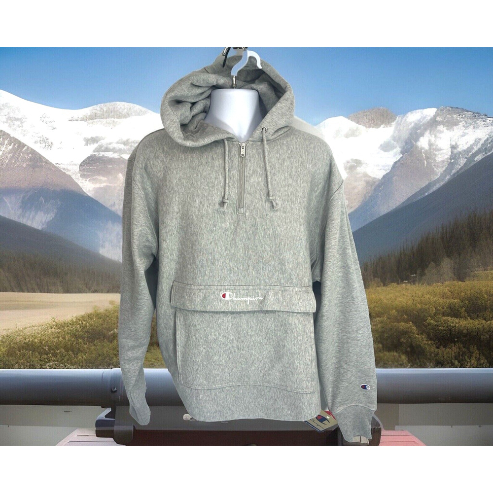 Champion Mens Reverse Weave Gray Boxy Anorak Hoodie‎ Sweatshirt Size Large